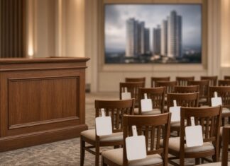 No Units Sold at First Auction for Luxury Properties Seized in S$3 Billion Money Laundering Case Empty luxury property auction room with blank bid paddles, illustrating unsold seized properties auction