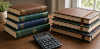 Stack of textbooks and financial ledgers on a desk, non-literal illustration for religious school funds court case