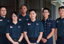 Singapore officers welcome-home / contingent photo or clearly non-literal disaster-relief stock (no wrong faces as named officers)