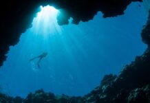 Scuba diver silhouette in underwater cave light representing diving in Palau