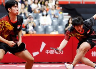 Singapore table tennis players Izaac Quek and Koen Pang at Asian Games