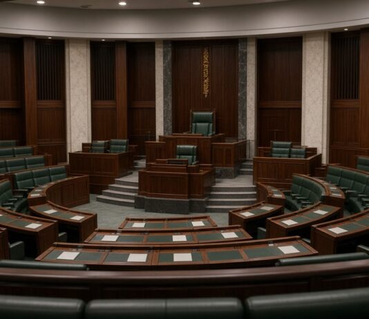 Empty Singapore Parliament chamber seats and desks, non-literal venue illustration for Speaker apology story