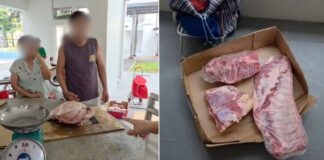 Resident video stills of raw meat on a void-deck table with a weighing scale and large pork cuts in a cardboard box at Block 107 Rivervale Walk, Sengkang