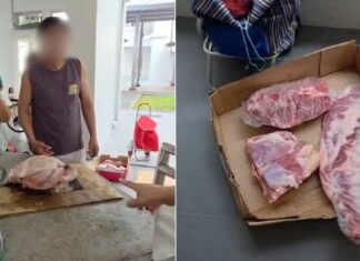 SFA Investigating After Group Spotted With Raw Meat, Weighing Scale and Cleaver at Sengkang Void Deck Resident video stills of raw meat on a void-deck table with a weighing scale and large pork cuts in a cardboard box at Block 107 Rivervale Walk, Sengkang
