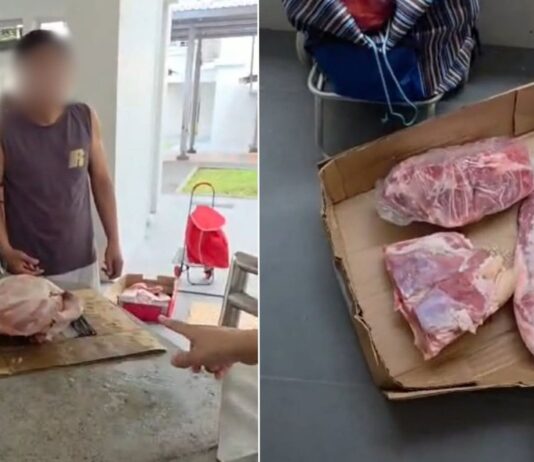 Resident video stills of raw meat on a void-deck table with a weighing scale and large pork cuts in a cardboard box at Block 107 Rivervale Walk, Sengkang