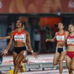 Singapore sprinter Shanti Pereira celebrating Asian Games 200m gold