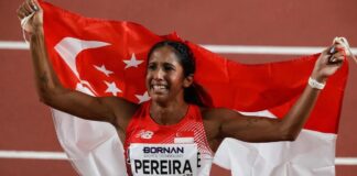 Singapore sprinter Shanti Pereira competing in Asian Games athletics
