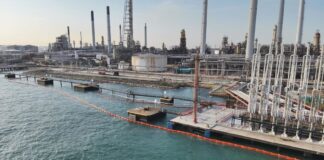 Containment booms deployed at Pulau Bukom after Shell oil leak (MPA/NEA joint photo via CNA host)