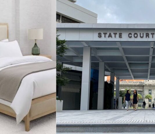 Marriott-style hotel room and State Courts entrance related to Sheraton Towers discount cheating case