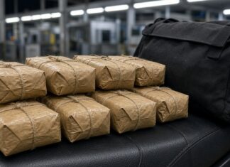 More Than 10kg Cannabis Seized at Tuas Checkpoint, Two Malaysians Arrested Bundles of seized cannabis and motorcycle bags at a border checkpoint, illustrative non-identifying image for Tuas drug seizure