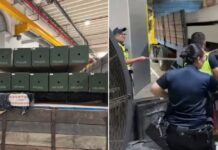 4,500 Cartons of Duty-Unpaid Cigarettes Found Hidden Under Concrete Piles in Malaysia-Registered Lorry at Tuas ICA officers inspecting lorry with concrete piles where duty-unpaid cigarettes were concealed at Tuas