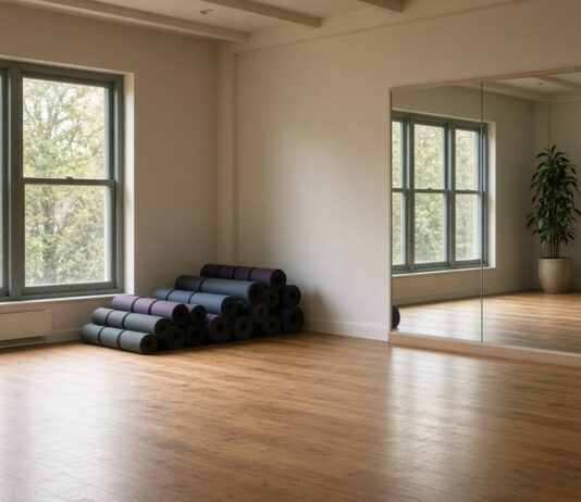Empty yoga studio with rolled mats on a wooden floor, non-literal illustration with no people or brand logos