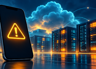 Revolut Services in Singapore Disrupted During Google Cloud Outage Smartphone with a warning icon beside glowing server racks under a cloud