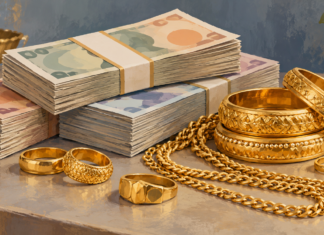 Two Malaysians Arrested Over Alleged Scam Collections; S$55,000 & 41 Gold Jewellery Pieces Seized Illustration of stacked cash notes and gold jewellery on a table