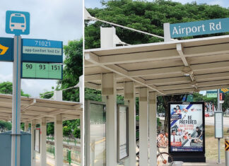 Bus stop on Airport Road with bus stop sign and shelter