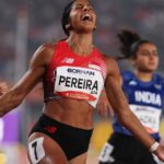 Shanti Pereira celebrating Asian Games 200m gold for Team Singapore (SpexSG / Jeremy Lee via ActiveSG Circle)