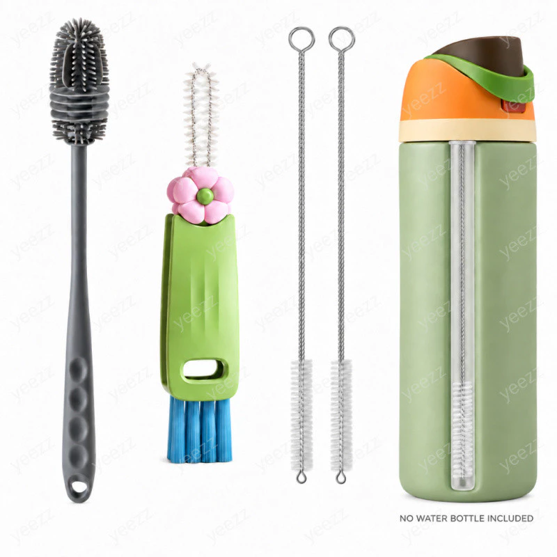 Water Bottle Cleaning Brush Set With Long Straw Brush and 3-in-1 Lid Brush