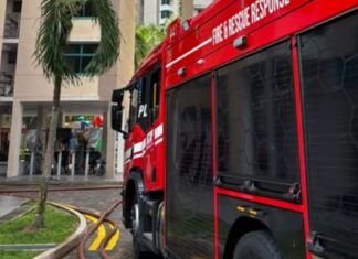 Bukit Panjang HDB Fire Sends 3 to Hospital; About 100 Residents Evacuated SCDF fire engine and hoses at Block 479 Segar Road Bukit Panjang HDB fire (SCDF Facebook via 8world)