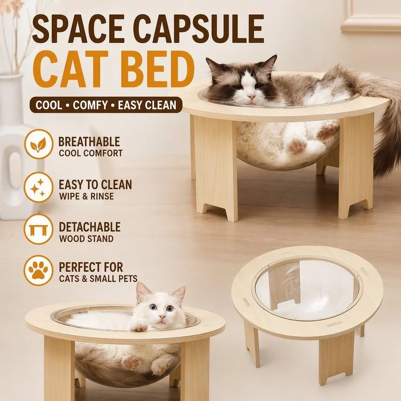 Space Capsule Cat Bed With Detachable Wood Stand