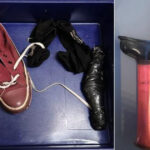 Man Gets 10 Months’ Jail & 6 Strokes for Hiding Knife in Shoe at Changi Airport Shoes, socks and the knife with sheath seized from a man at Changi Airport Terminal 4 (Photo: Singapore Police Force)
