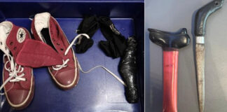 Shoes, socks and the knife with sheath seized from a man at Changi Airport Terminal 4 (Photo: Singapore Police Force)