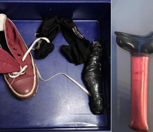 Shoes, socks and the knife with sheath seized from a man at Changi Airport Terminal 4 (Photo: Singapore Police Force)