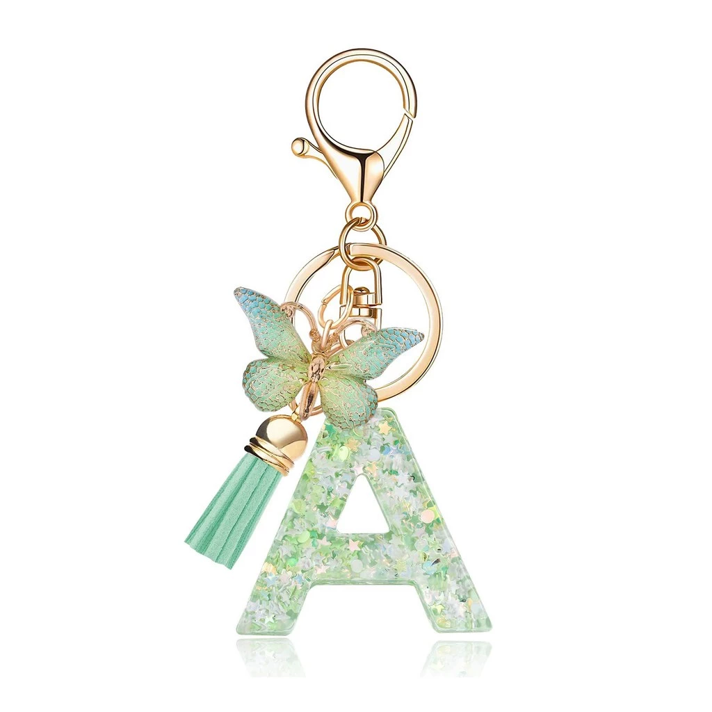 Gradient Green Butterfly Resin Initial Letter A Keychain