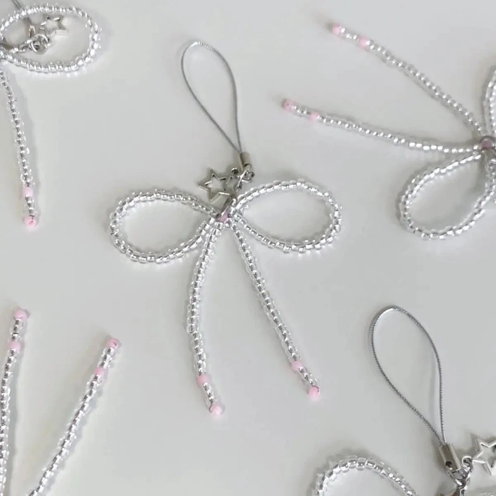 Handmade Clear Beaded Pearl Bow Bag Charm