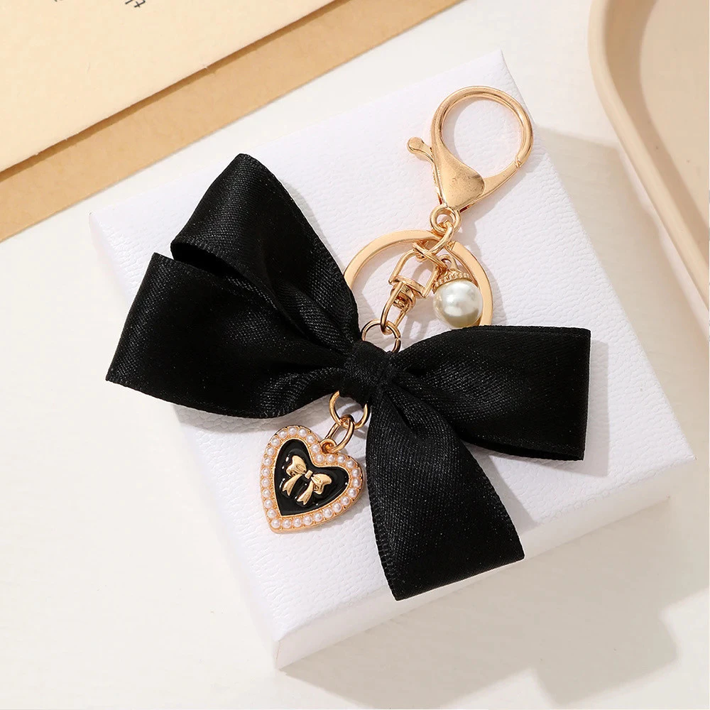 Black Satin Ribbon Bow & Pearl Heart Keychain Charm