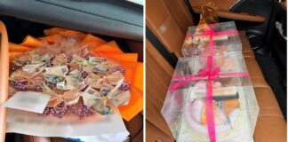 A money bouquet and two boxed birthday cakes that a traveller failed to declare at Tuas Checkpoint (Photo: Singapore Customs)
