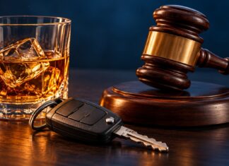 Whisky glass, car key and judge's gavel on a dark table
