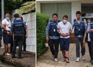 Two archive photos of suspects being escorted by police officers outside a landed home