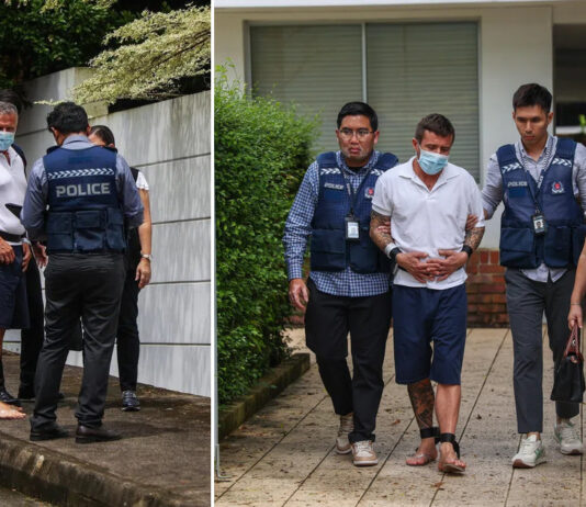 Two archive photos of suspects being escorted by police officers outside a landed home