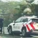 Damaged police car on a road divider in Geylang Bahru with fallen railings, 10 Oct 2026 (Image: Xiaohongshu via Lianhe Zaobao)