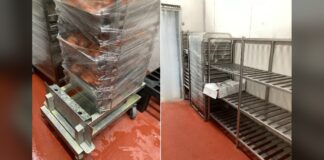Dirty food trolley (left) and dirty racks (right) in the central kitchen of caterer Gourmetz, released by the Singapore Food Agency on 9 October 2026 (Photo: Singapore Food Agency)