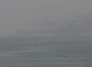 Thick haze over the sea off HarbourFront on the morning of 7 Oct 2026, with port cranes and a container ship barely visible (Photo: Lianhe Zaobao)