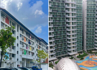 Old HDB flats beside a modern private condominium block