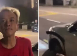 Split frame of a man in a red shirt and a grey car at night on East Coast Road