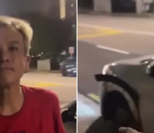 Split frame of a man in a red shirt and a grey car at night on East Coast Road