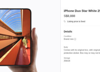 Hand holding an iPhone Duo next to a Carousell listing showing S$8,888