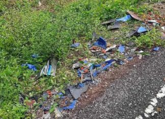 Three Siblings Die in Johor Crash After Visiting School Closed Due to Haze Broken motorcycle parts and scattered oil palm fruit on the roadside at the crash site on Jalan Parit Haji Sirat in Pontian, Johor, on 8 Oct 2026 (Photo: Sinar Harian)