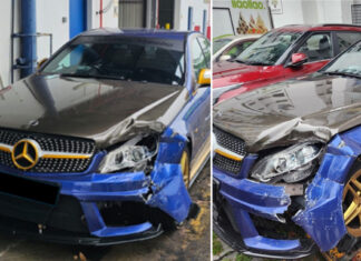 Two photos of a damaged car seized by police after a chase