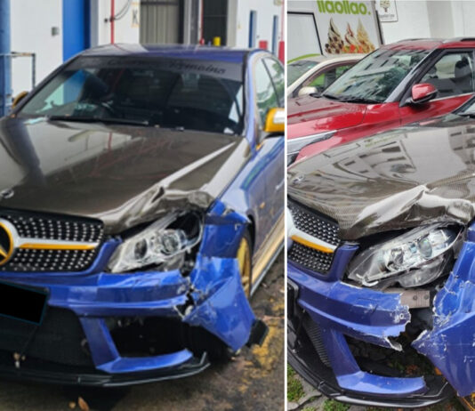 Two photos of a damaged car seized by police after a chase