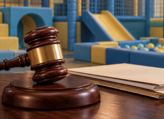 Wooden judge's gavel on a desk in front of a colourful children's playground