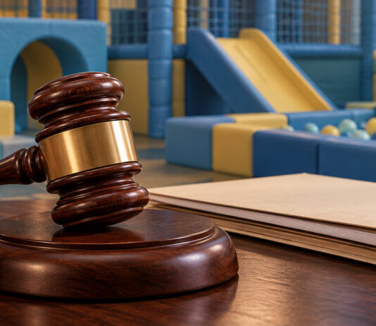 Wooden judge's gavel on a desk in front of a colourful children's playground