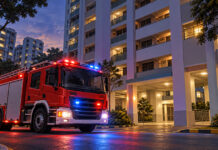 Fire engine outside an HDB block at night