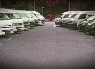 Minibuses parked in a row in Singapore