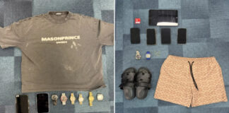 Police photos of seized phones, watches and clothing from money laundering operation