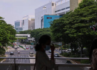 Hourly PM2.5 Returns to Normal Across Singapore, but PSI Remains Unhealthy on Sunday Morning Singapore road and trees seen from a footbridge with commuters in silhouette