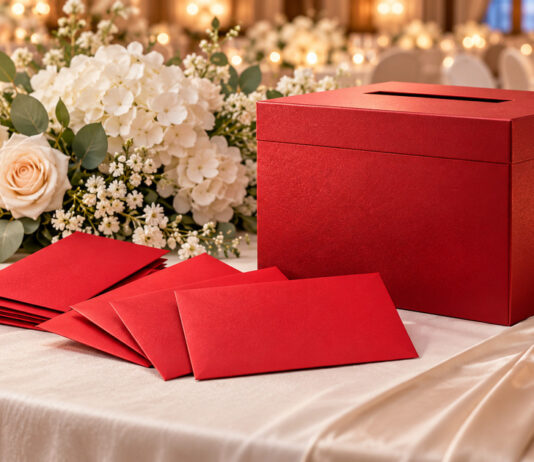 Red packet box and envelopes on a wedding reception table